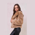 Women's Short Plush Jacket with Voluminous Shawl Collar and Boxy Silhouette Fashion Glam