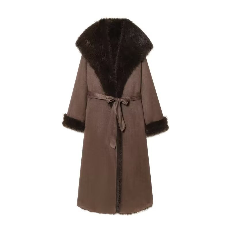 Women's Long Sheepskin Look Coat with Hood, Tie Belt and Faux Fur Trim Fashion Glam