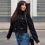 Women Short-Cut Boucle Blazer with Round Neckline, Four Flap Pockets and Gold Decorative Buttons Fashion Glam