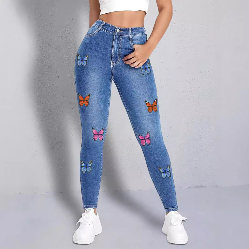Women slim-fit high-waist jeans leggings with colorful butterfly print Fashion Glam