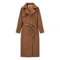 Women Longer Double-Breasted Coat in Velvet Look with Waist Belt and Turn-Up Sleeves Fashion Glam