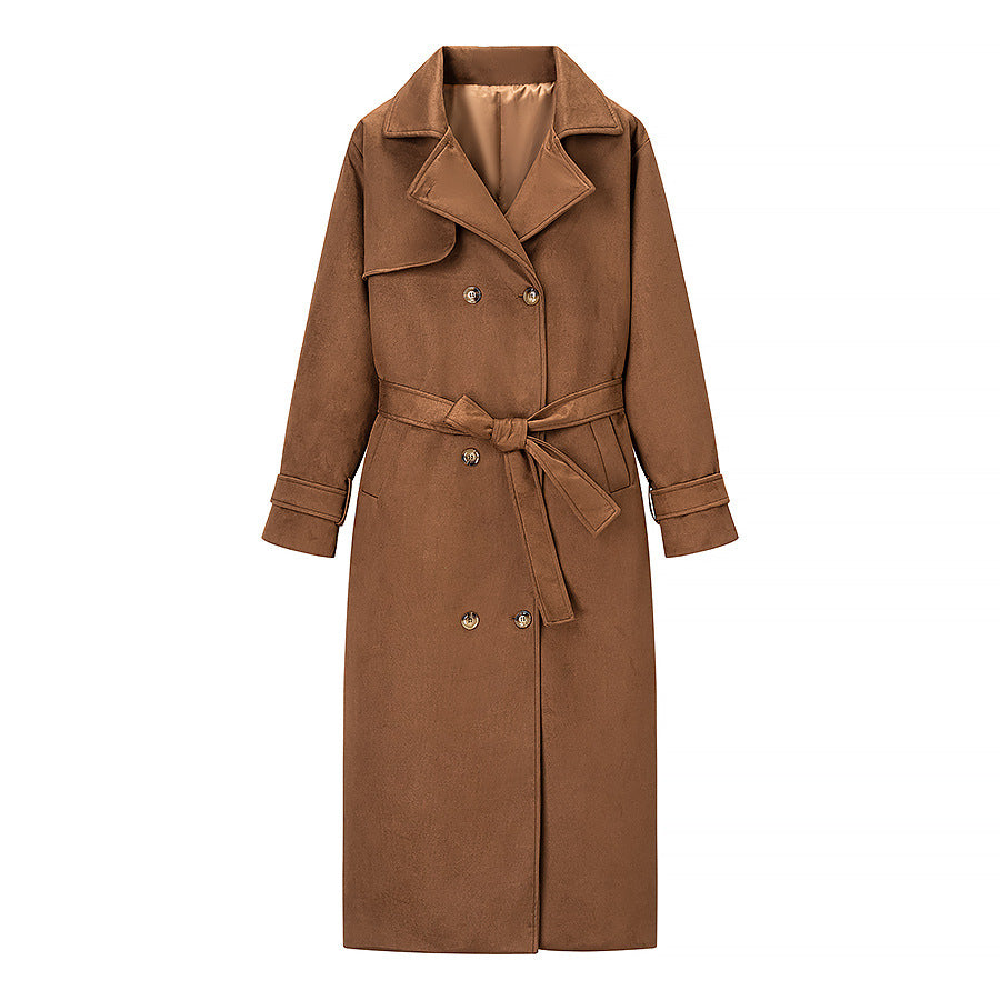 Women Longer Double-Breasted Coat in Velvet Look with Waist Belt and Turn-Up Sleeves Fashion Glam