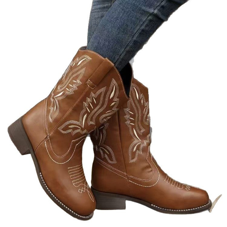 Ladies' Western cowboy boots with pointed toe, embroidered shaft, and medium block heel Fashion Glam