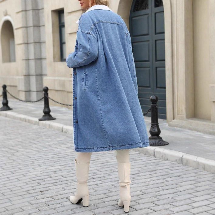 Ladies Longline Denim Coat with Teddy Collar Fashion Glam