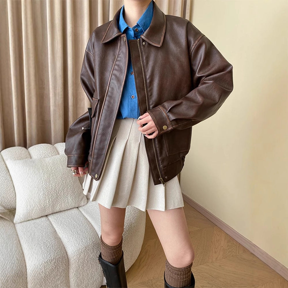 Women's Oversized Faux Leather Bomber Jacket with Shirt Collar, Zipper and Snap Button Cuffs Fashion Glam