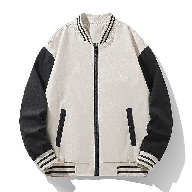 Men's lightweight college bomber jacket with contrasting striped ribbed collar and full zip Fashion Glam