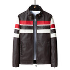 Men's Biker Leather Jacket in Racing Look with Contrast Stripes and Stand-up Collar Fashion Glam