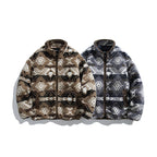 Unisex teddy fleece jacket in tribal pattern with stand-up collar and continuous zipper Fashion Glam
