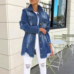 Women's Oversized Denim Jacket with Destroyed Details, Fringed Hem and Concealed Button Placket Fashion Glam