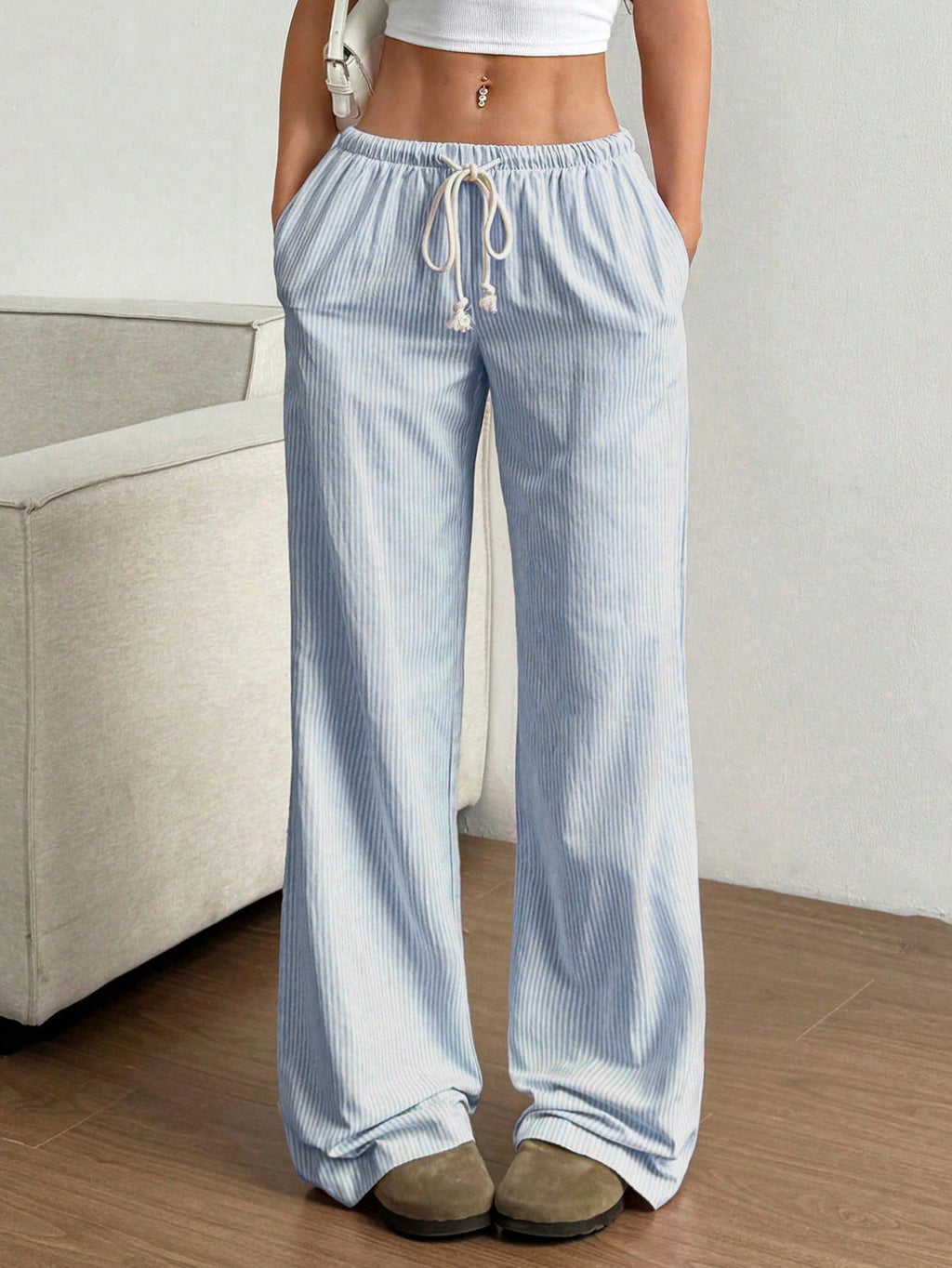 Ladies Wide Leisure Pants with Drawstring, Elastic Waistband and Fine Stripe Texture Fashion Glam