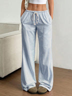 Ladies Wide Leisure Pants with Drawstring, Elastic Waistband and Fine Stripe Texture Fashion Glam