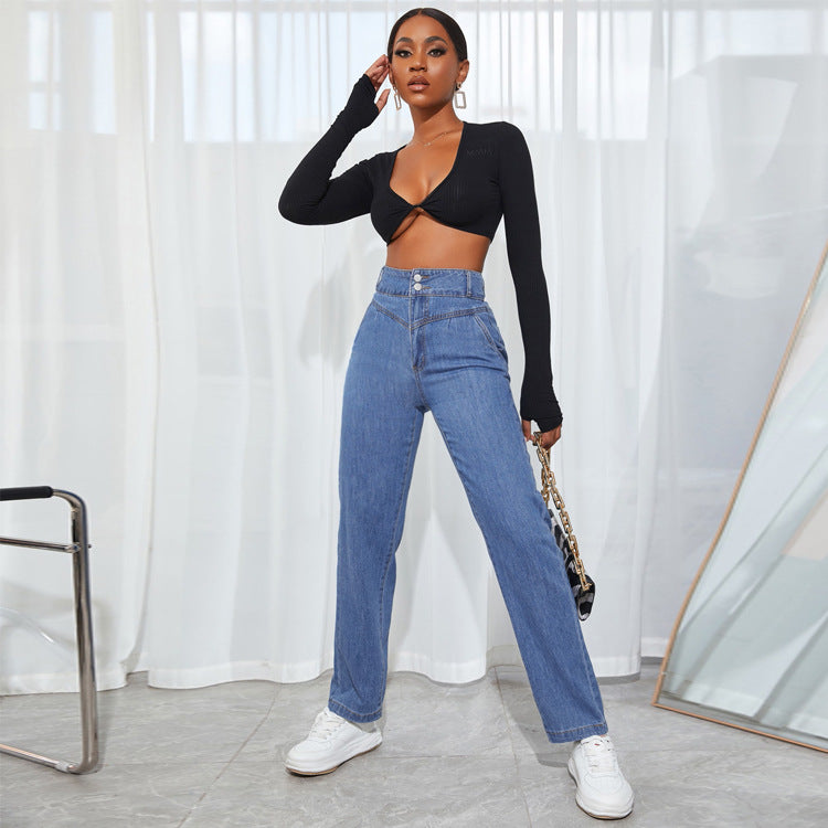 Women's high-waisted straight-cut jeans with V-shaped waistband and wide leg Fashion Glam