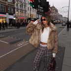 Women's Short Cropped Faux Fur Jacket with Voluminous Stand Collar and Hidden Zipper Fashion Glam