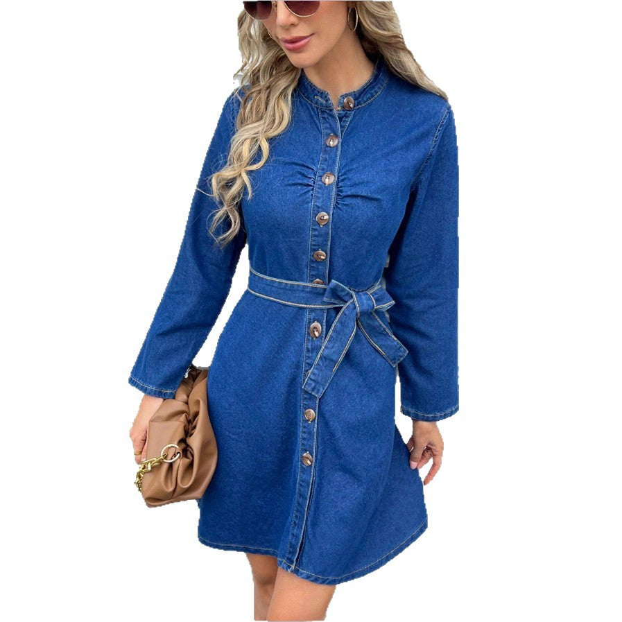 Women's Tailored Denim Dress with Button Placket and Tie Belt Fashion Glam