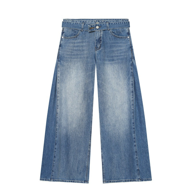 Women Wide Denim Pants with Side Pleat Inserts, High Waist and Waist Belt Fashion Glam