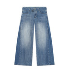 Women Wide Denim Pants with Side Pleat Inserts, High Waist and Waist Belt Fashion Glam