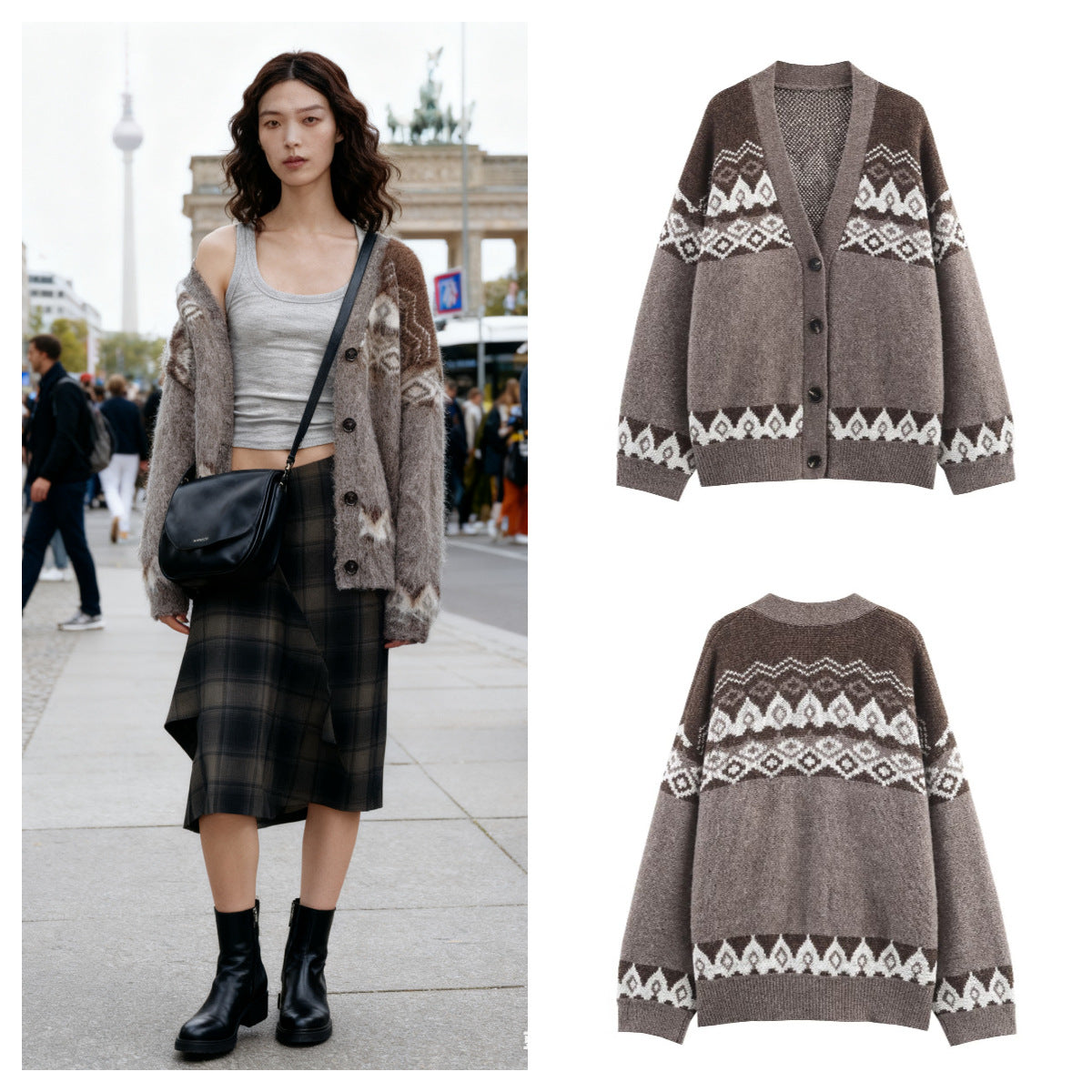 Women's Oversized Knit Cardigan with Jacquard Pattern and V-Neck Fashion Glam