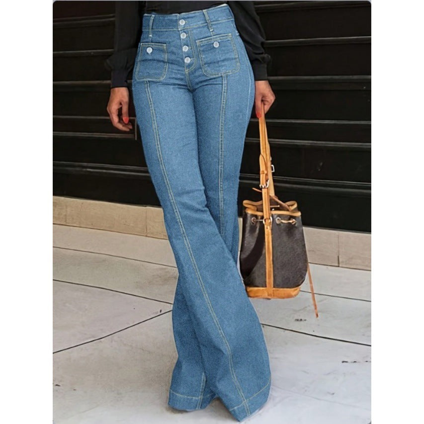 Ladies High-Waisted Flared Jeans with visible center seam, button closure, and patch front pockets Fashion Glam