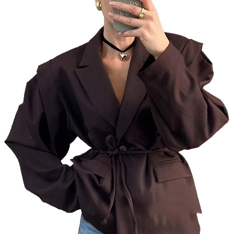 Ladies Tailored Wrap Blazer with Shoulder Pads and Tying Belt Fashion Glam