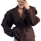 Ladies Tailored Wrap Blazer with Shoulder Pads and Tying Belt Fashion Glam