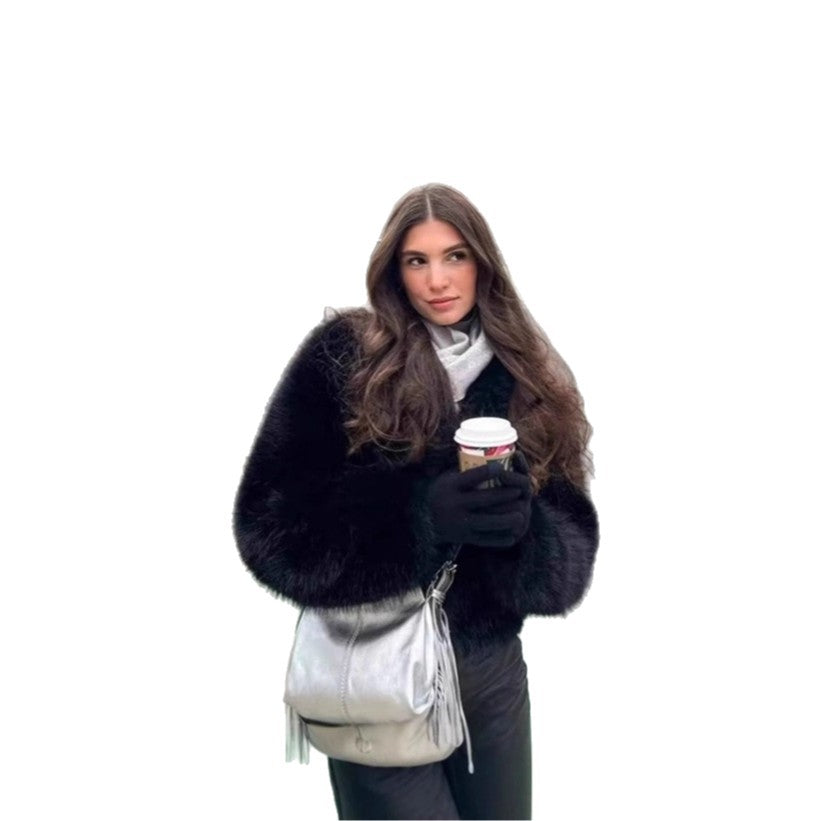 Women Short Boxy Faux Fur Blouson with Voluminous Shawl Collar Fashion Glam