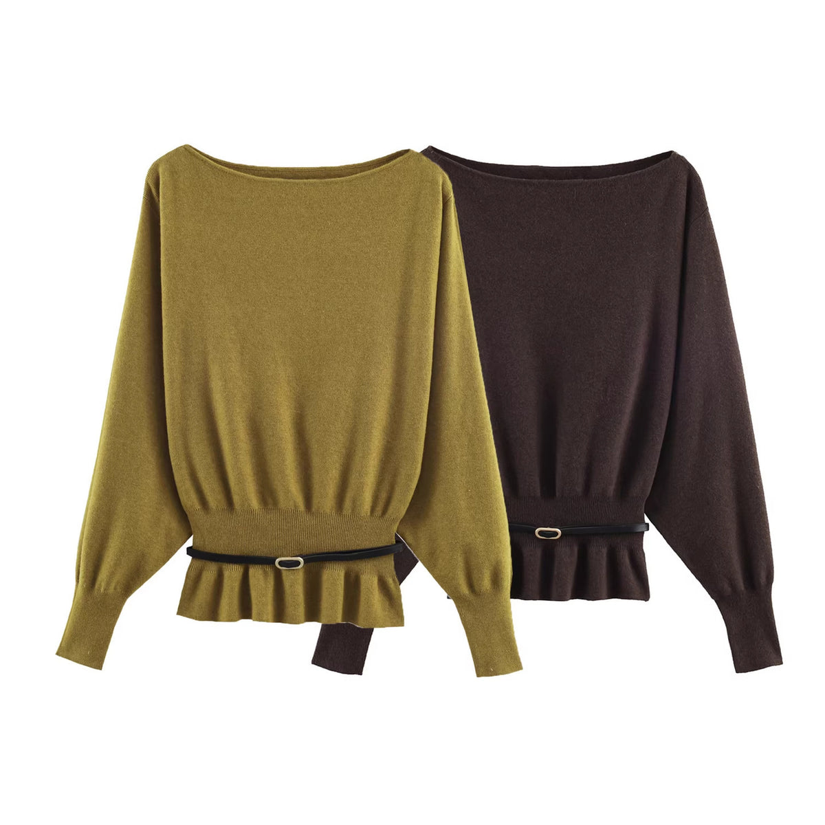 Women's Oversized Knit Sweater with Boat Neck, Batwing Sleeves, Gathered Ribbed Hem, and Waist Belt Fashion Glam