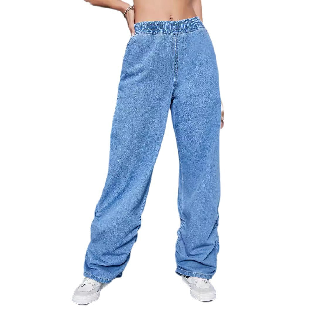 Women's Wide Denim Pants with Elastic Waistband and Gathered Hem Fashion Glam