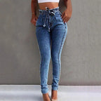 Women Paperbag High-waisted Skinny Jeans with Tie Belt Fashion Glam