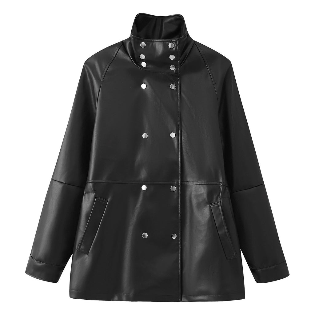 Women's Mid-Length Faux Leather Coat with High Stand-Up Collar and Double-Breasted Snap Buttons Fashion Glam