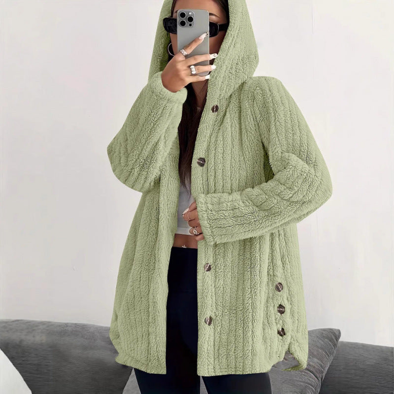 Women's Hooded Teddy Coat with Button Placket and Oversized Fit Fashion Glam