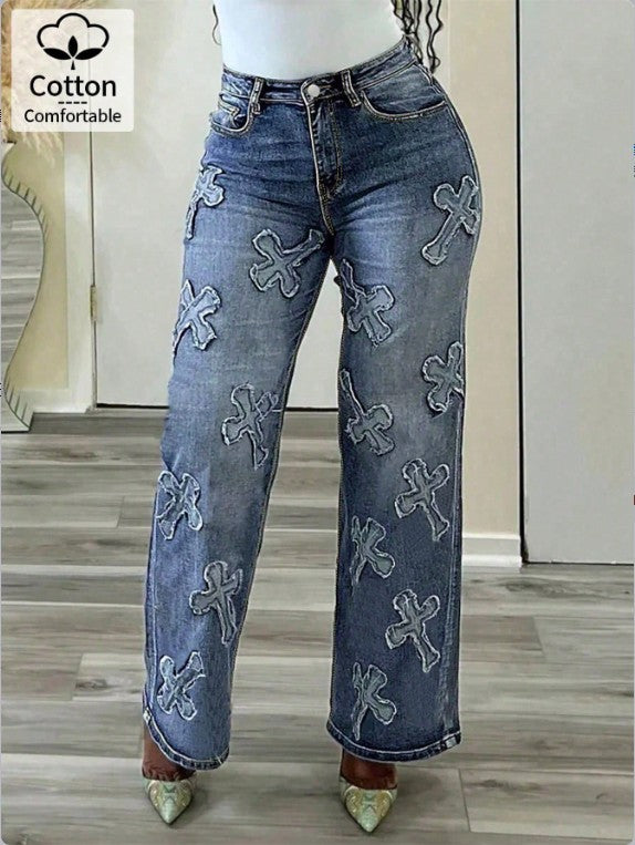 Women's high-waisted straight-cut jeans with cross appliqués made of cotton denim Fashion Glam