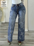 Women's high-waisted straight-cut jeans with cross appliqués made of cotton denim Fashion Glam