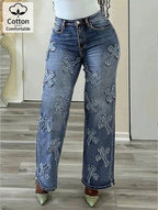 Women's high-waisted straight-cut jeans with cross appliqués made of cotton denim Fashion Glam