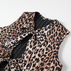 Women Sleeveless Leopard Print Blouse with Double Bow and Keyhole Front Fashion Glam