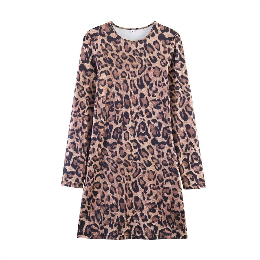 Women’s leopard print mini dress with round neckline, long sleeves, and A-line silhouette Fashion Glam