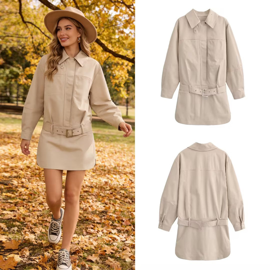 Ladies longline shirt dress with waist belt and oversized silhouette Fashion Glam