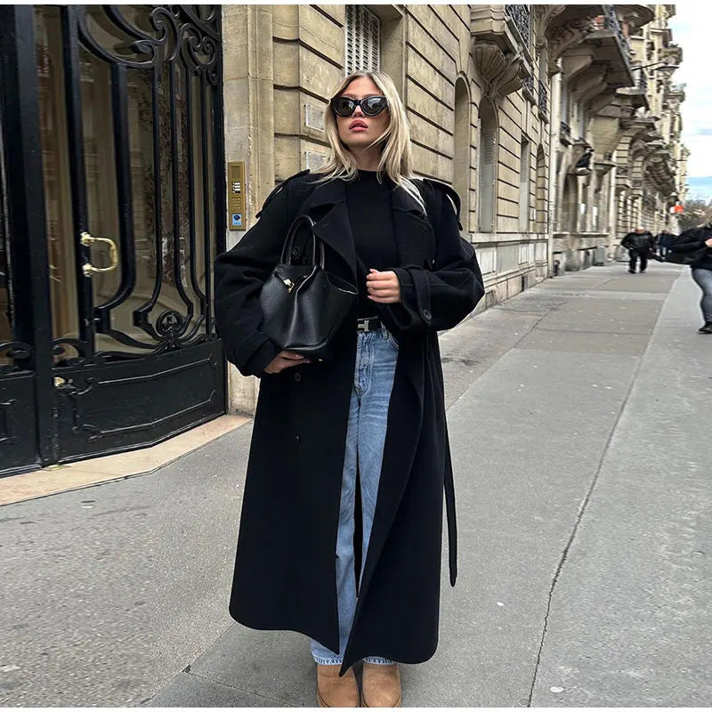 Women's oversized wool coat with wide lapels and tie belt Fashion Glam