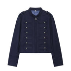 Women's Military Inspired Cropped Wool Blend Jacket with Decorative Button Placket and Stand-Up Collar Fashion Glam