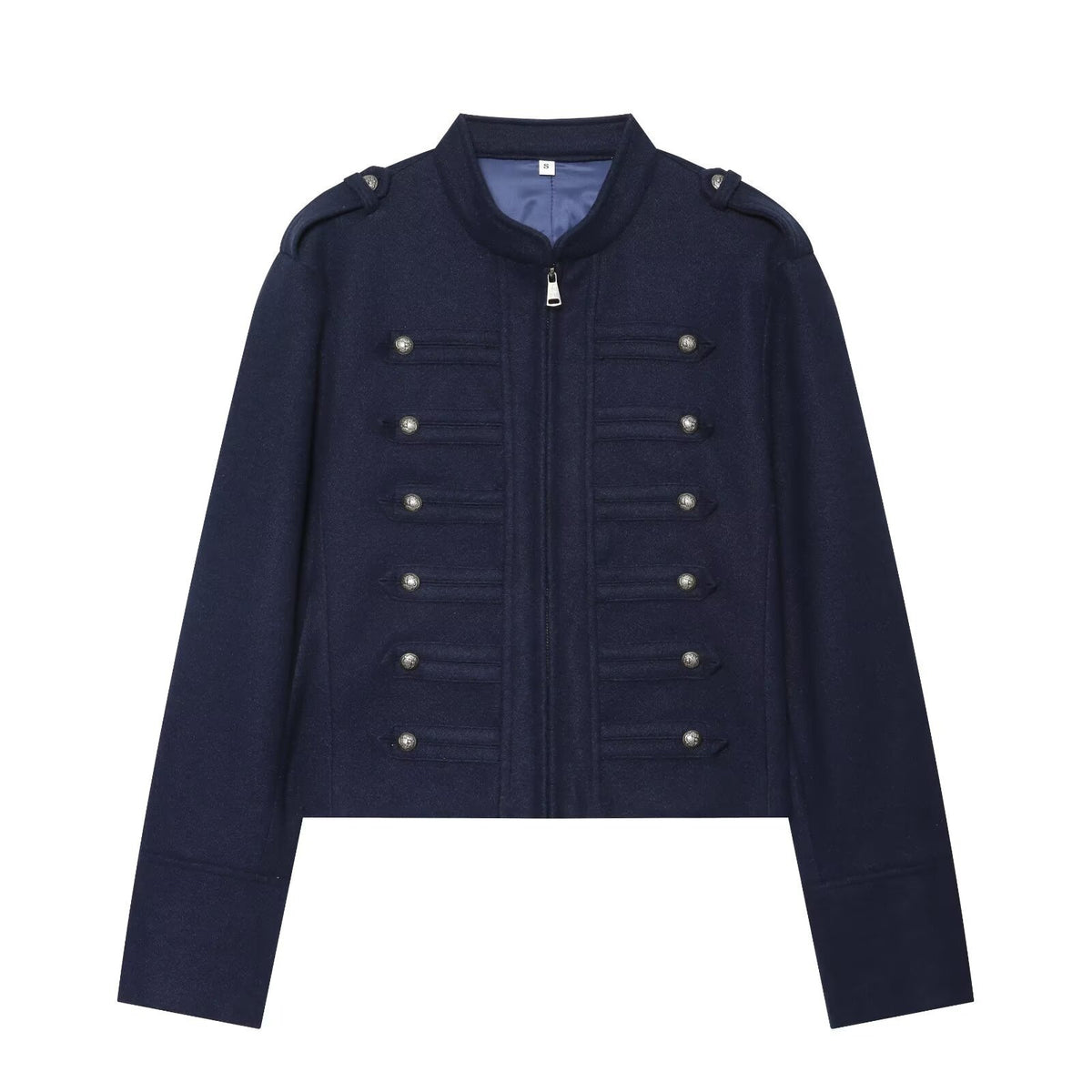 Women's Military Inspired Cropped Wool Blend Jacket with Decorative Button Placket and Stand-Up Collar Fashion Glam