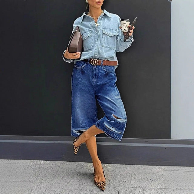 Women High-Waisted Denim Culotte with Destroyed Inserts and Raw Hem Fashion Glam