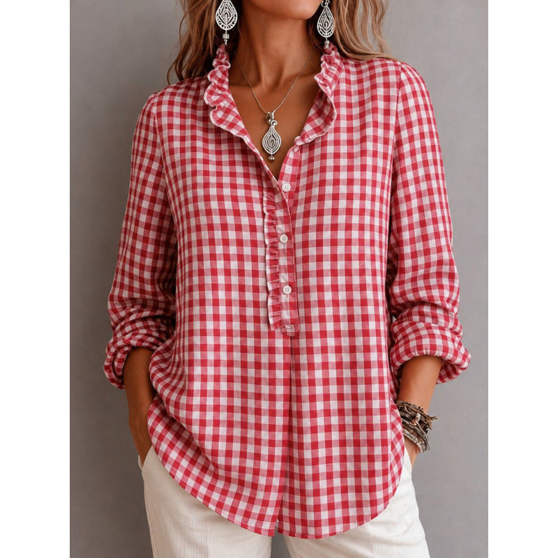 Women Checked Blouse Top with Ruffled Collar and Half Button Placket Fashion Glam