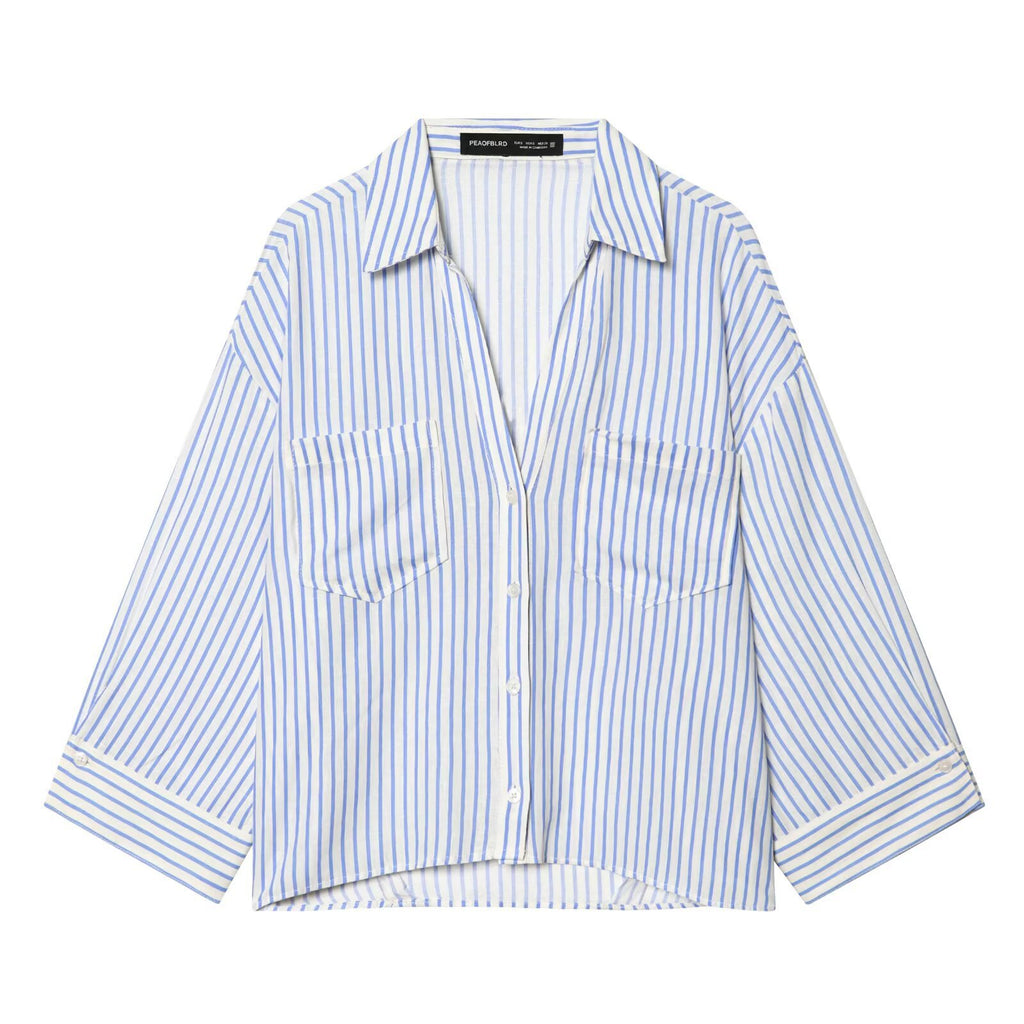 Women's Oversized Shirt Blouse with Chest Pockets, Three-Quarter Sleeves, and Curved Back Hem Fashion Glam