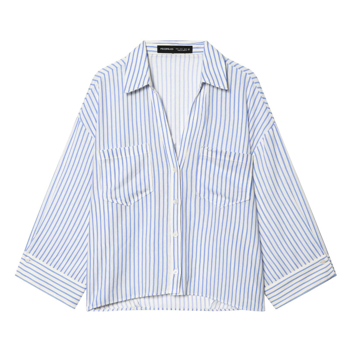 Women's Oversized Shirt Blouse with Chest Pockets, Three-Quarter Sleeves, and Curved Back Hem Fashion Glam