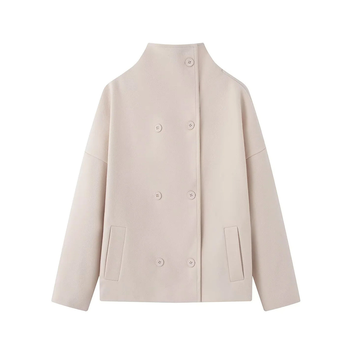 Women's Short Cut Boxy Wool Blend Coat with Stand-Up Collar and Concealed Double Button Placket Fashion Glam