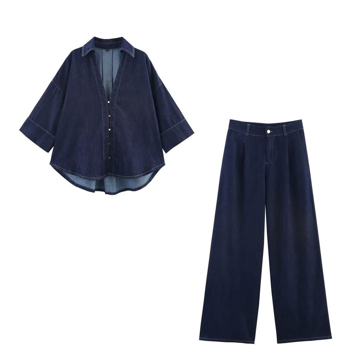 Women's Oversized Denim Shirt Jacket with Three-Quarter Sleeves and High-Low Hem Fashion Glam
