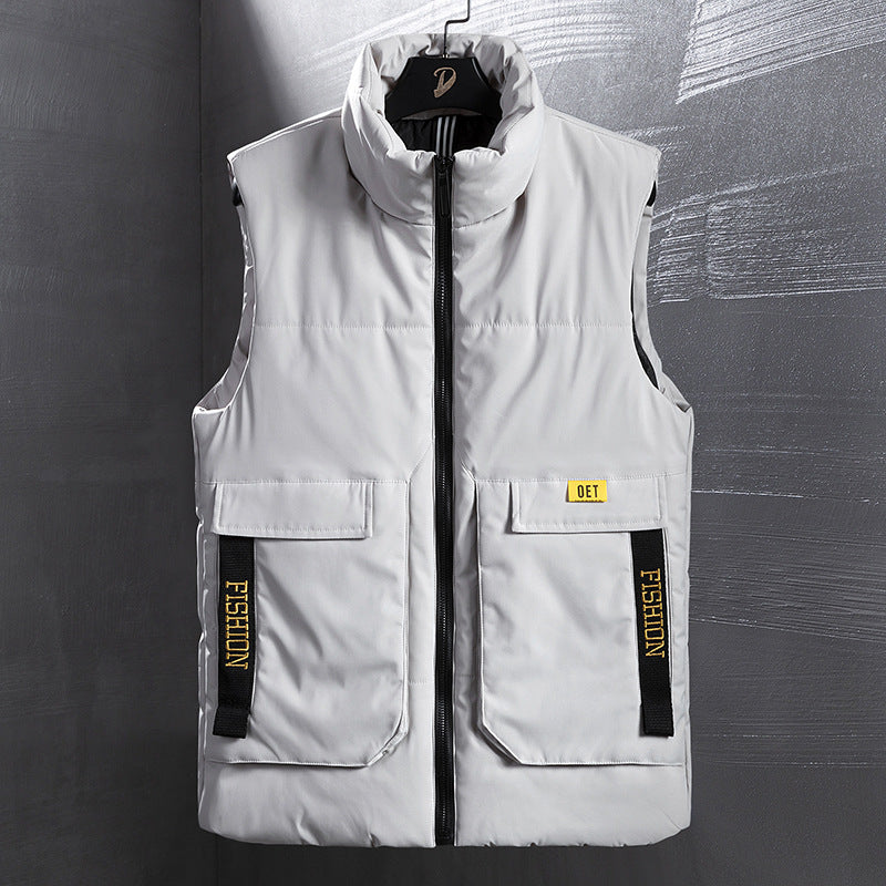 Men's Insulated Outdoor Vest with High Standing Collar, Multifunctional Pockets and Distinctive Webbing Fashion Glam