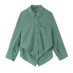 Women's oversized shirt with diagonal striped design, asymmetrical hem, and chest pocket Fashion Glam