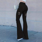Women's Flared Jeans with High Waist, Sculpting Cut and Strong Destroyed Effect Fashion Glam