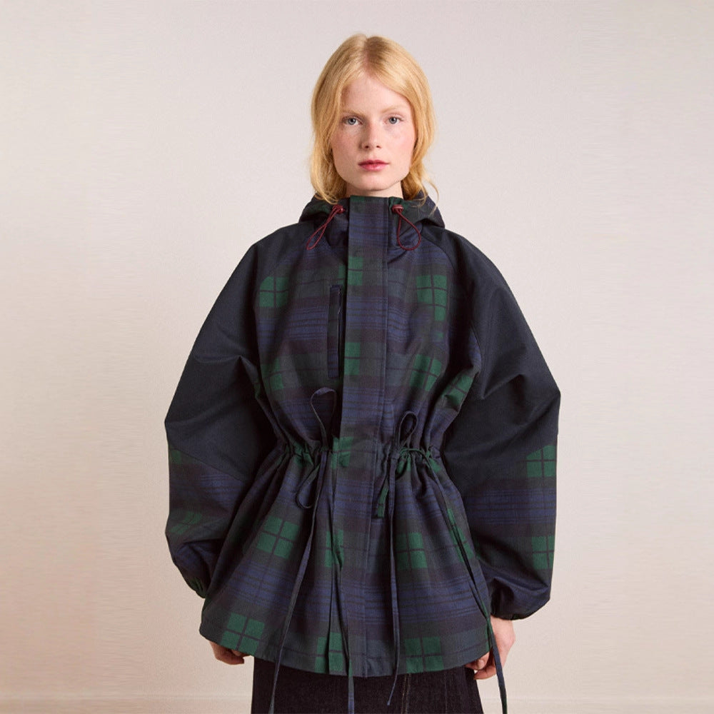Women's Oversized Jacket in Casual Check Design with Practical Pockets and Waist Drawstring Fashion Glam