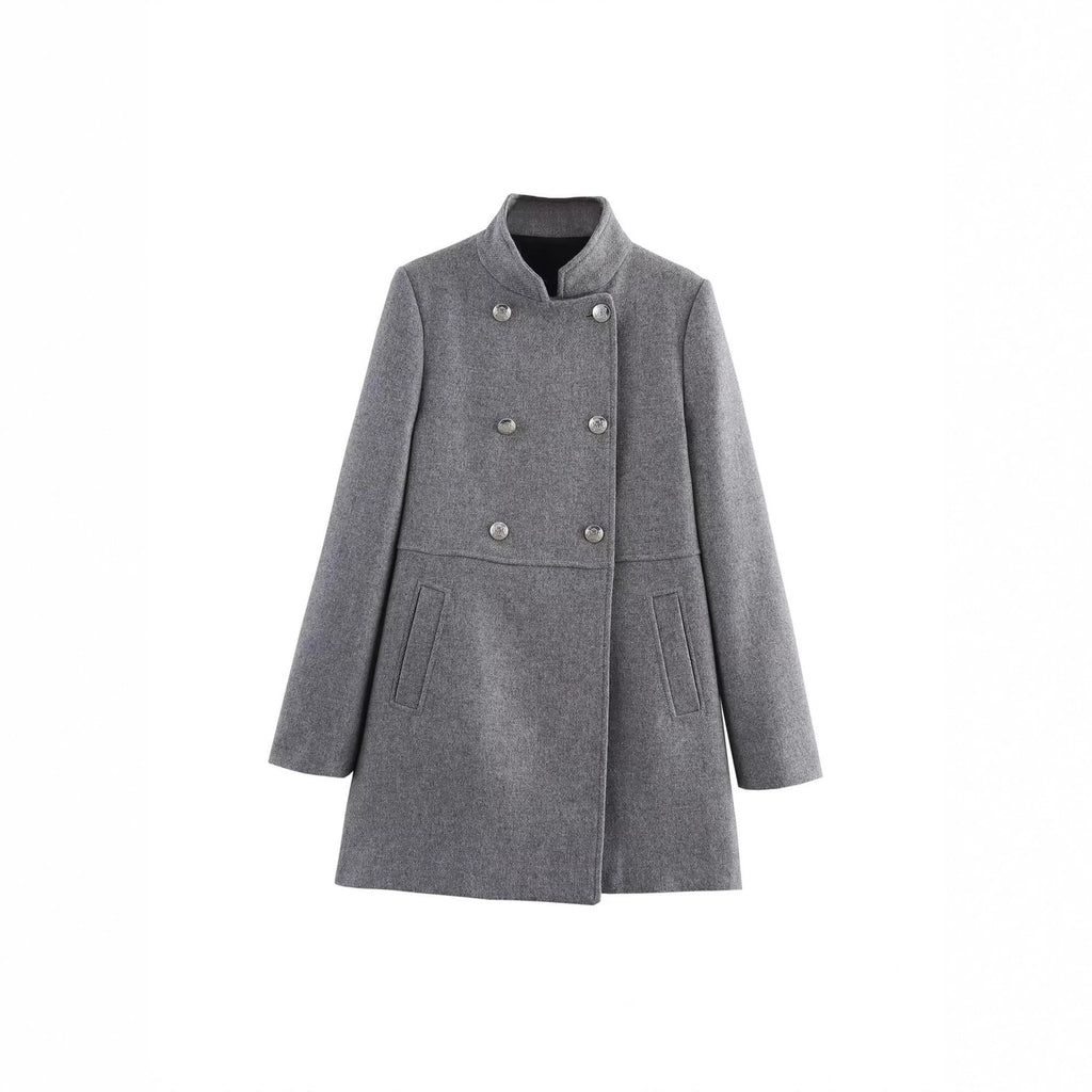 Women's Double-Breasted Wool Blend Coat with Stand Collar and Decorative Buttons Fashion Glam